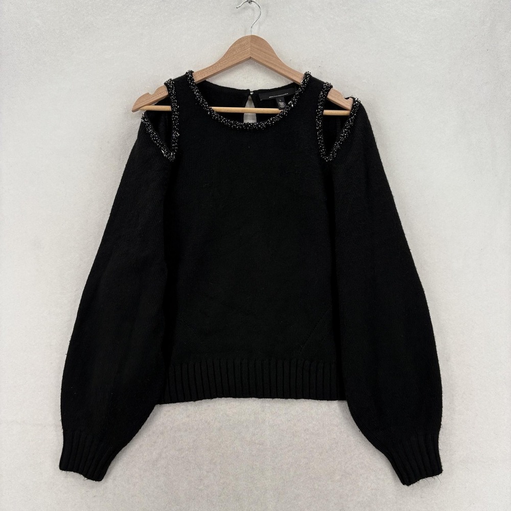 White House Black Market Sweater Womens L Black Beaded Cold Shoulder Cutout NWT